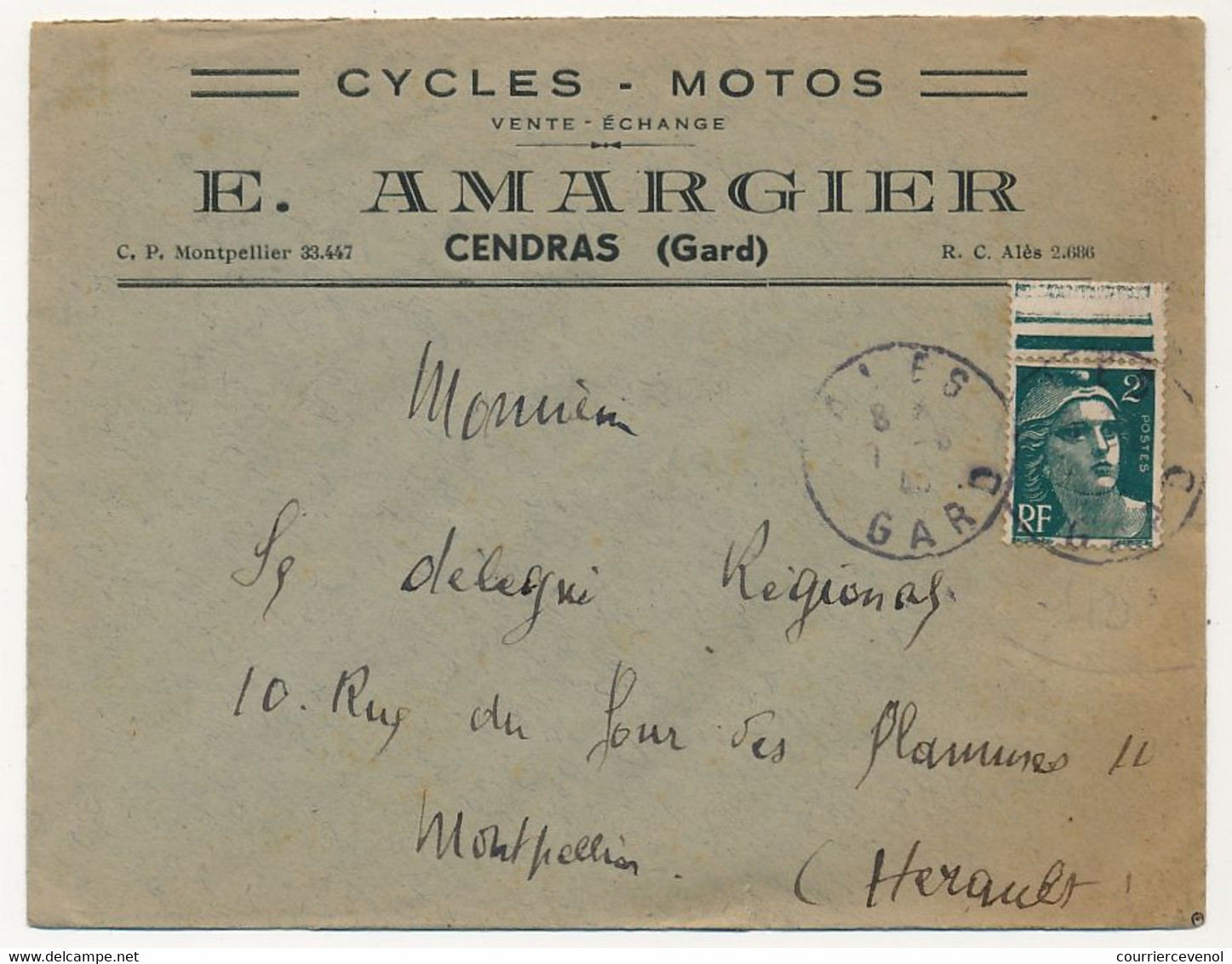 FRANCE - Env. En-tête "Cycles, Motos" E. ARMAGIER - Cendras (Gard) - Affr 2F Gandon 1945 - Deportes & Turismo