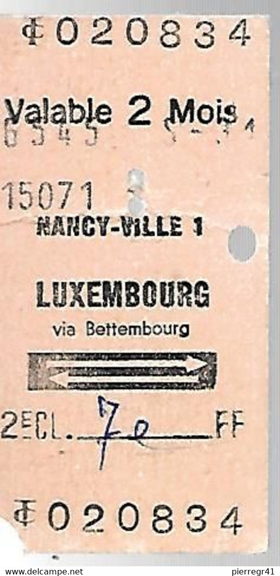 Ticket-2e Classe-Train-30/1/1981-Nancy Ville1-Luxembourg Via Bettembourg-Ft 3x6Cm-TBE/RARE - Monde