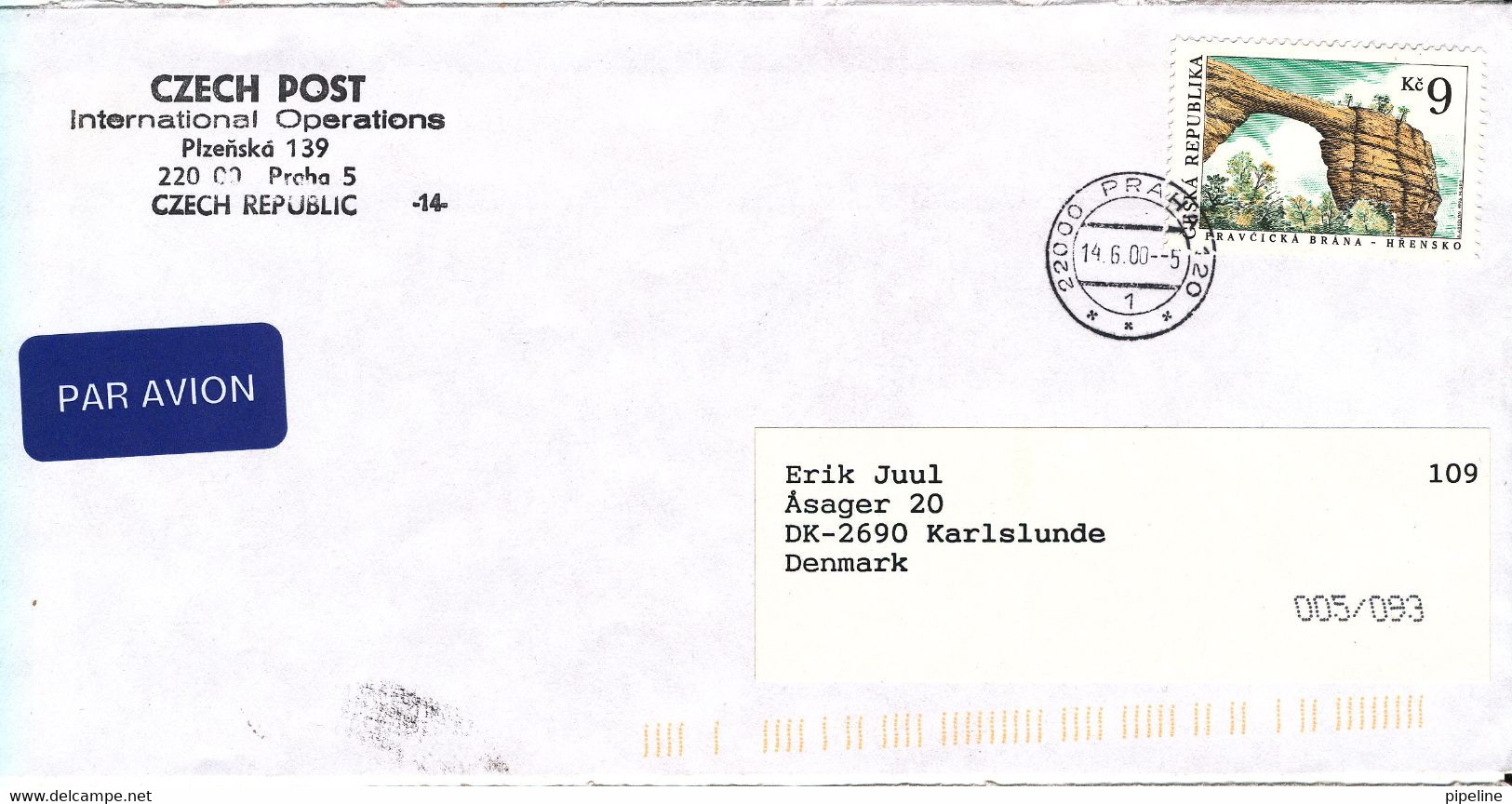 Czech Republic Cover Sent To Denmark Oakland Praha 14-6-2000 Single Franked - Sonstige & Ohne Zuordnung