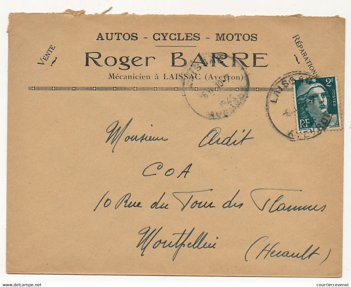 FRANCE - Env. En-tête "Autos - Cycles - Motos Roger BARRE" LAISSAC (Aveyron) Affr 2F Gandon 1945 - Auto's