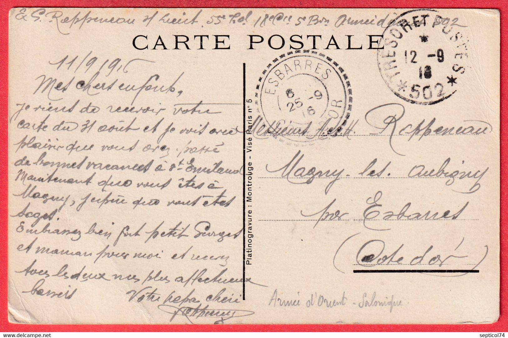 ARMEE D'ORIENT TRESOR ET POSTES 502 SALONIQUE GRECE GREECE 1916 POUR ESBARRES COTE D'OR GENERAL SARRAIL - WW I