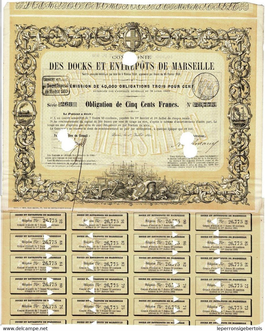 Titre Ancien - Compagnie Docks Et Entrepôts De Marseille - Obligation De 1860 - Déco - Navigation