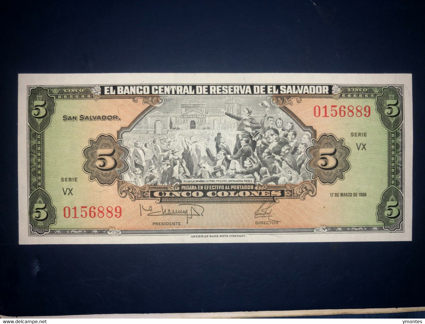 UNC El Salvador Banknote P134b ( 03/17/1988) 5 Colones - El Salvador