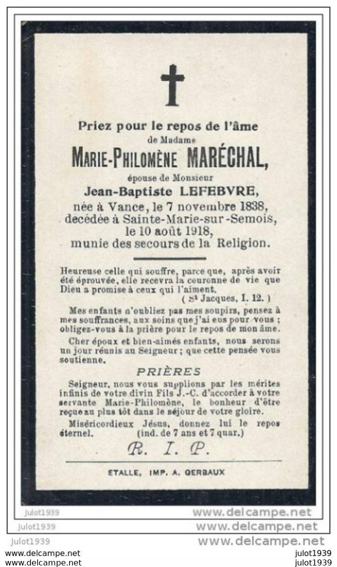 VANCE ..-- Mme Marie MARECHAL , épouse De Mr Jean - Baptiste LEFEBVRE , Née En 1838 , Décédée En 1918 à SAINTE - MARIE . - Etalle