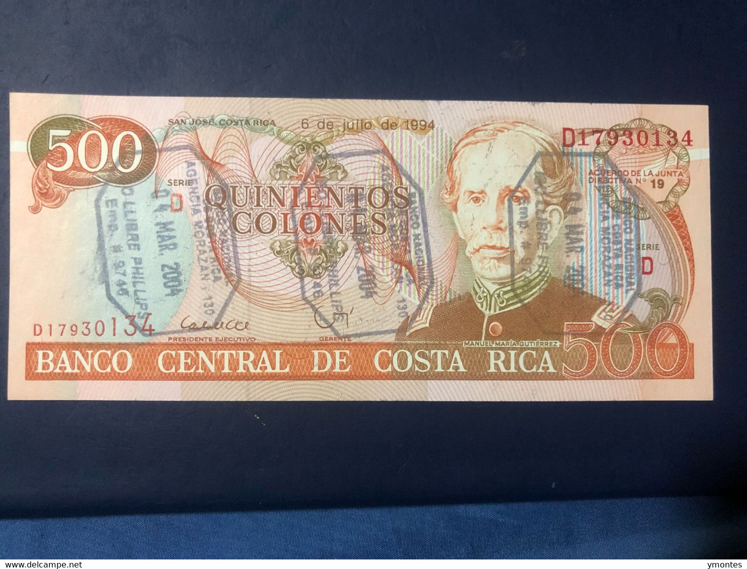 OVERPRINTED UNC Costa Rica Banknote 500 Colones P262 ( 07/06/1994) - Costa Rica