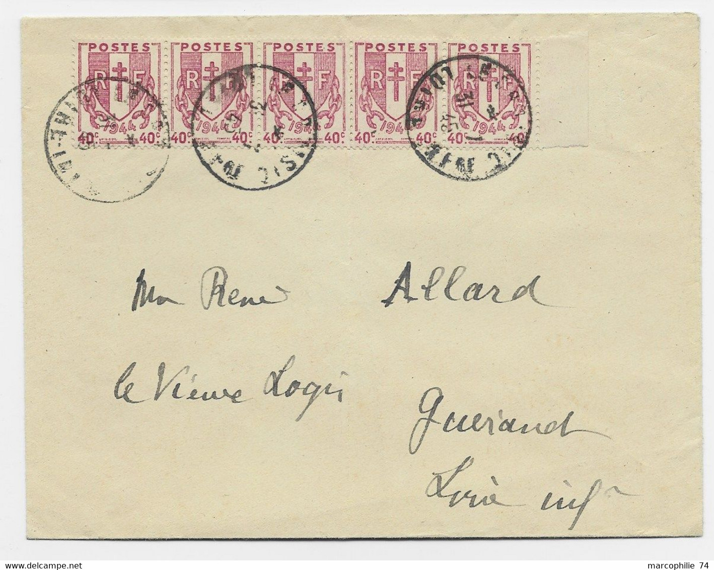 CHAINE 40C BANDE DE 5 BDF LETTRE LE CROISIC 31.7.1945 AU TARIF - 1941-66 Escudos Y Blasones