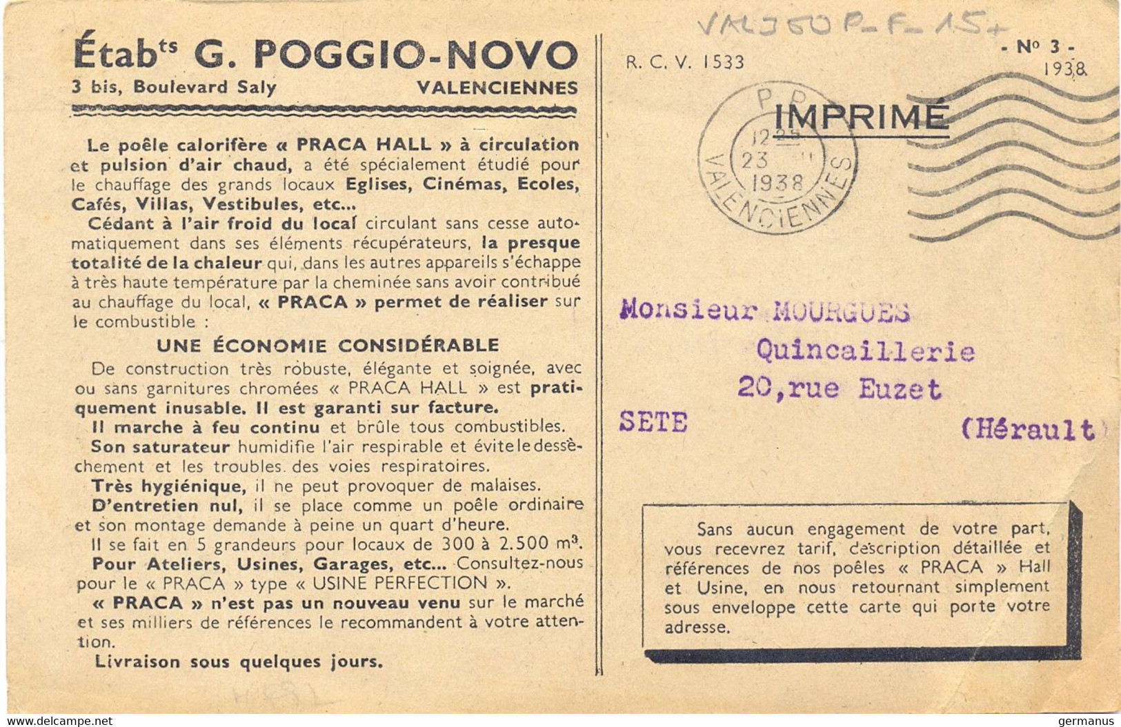 NORD VALENCIENNES P.P. (PORT PAYÉ) OMec FLIER 7 LIGNES ONDULÉES FORTEMENT Du 23. ? 1938 CP PUB. Ets G. POGGIO-NOVO - Mechanical Postmarks (Other)