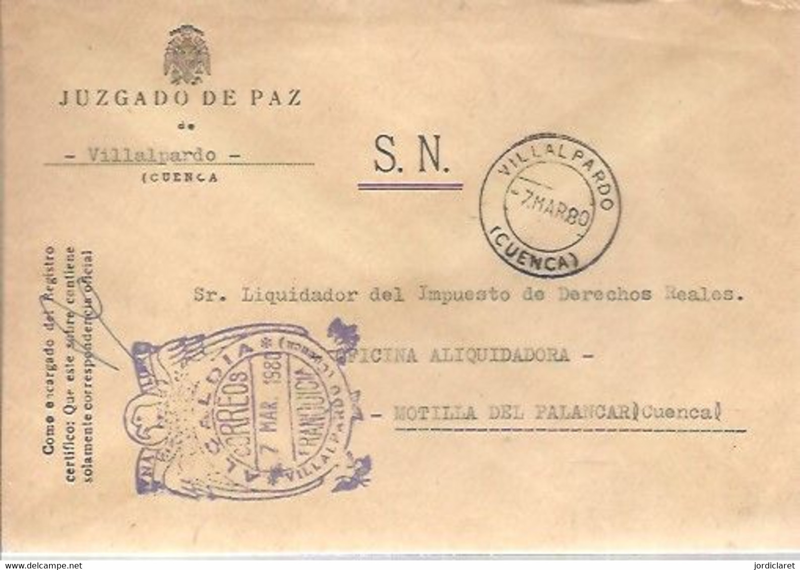 JUZGADO  DE PAZ  VIVALLPARDO  CUENCA 1980 - Postage Free