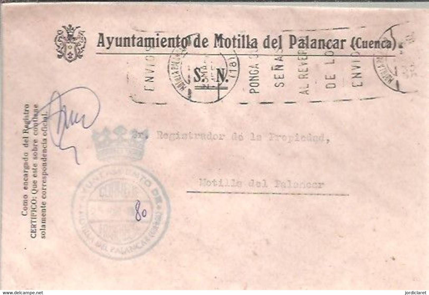AYUNTAMIENTO DE MONTILLA DEL PALANCAR  CUENCA  1980 - Postage Free