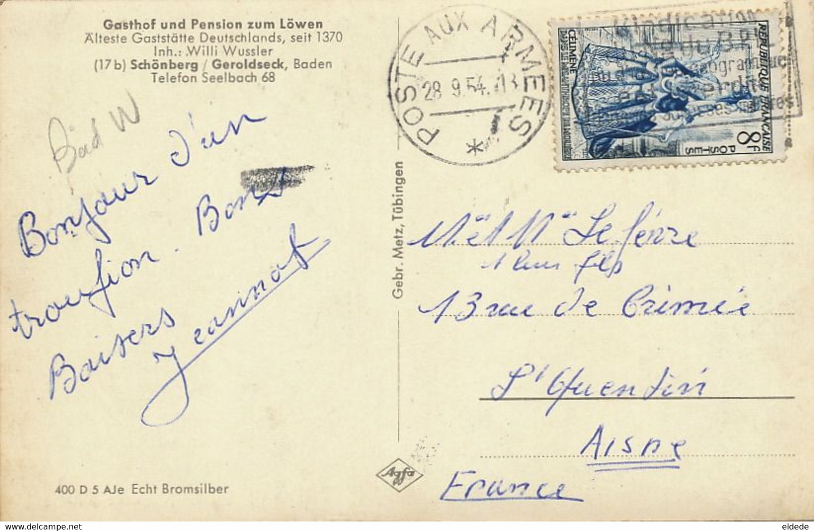 Gasthof Willi Wussler Schonberg Geroldseck French Occupation Cachet Poste Aux Armées Timbre Celimène Molière - Schömberg