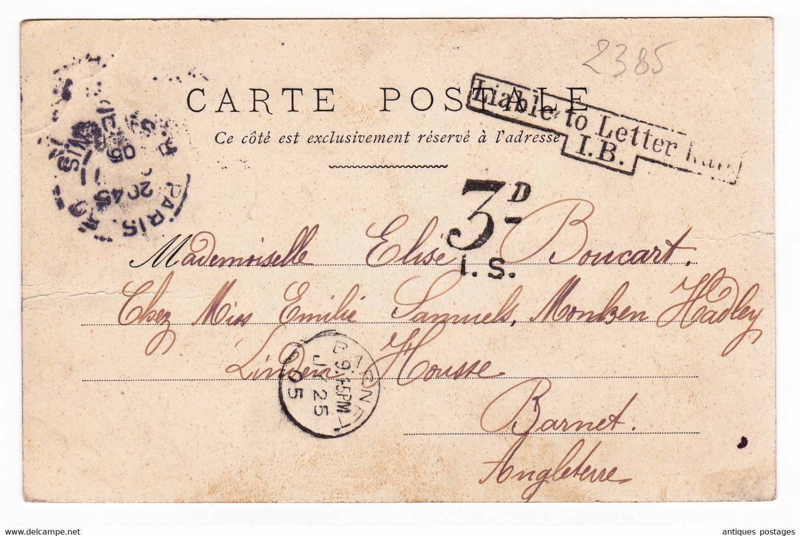 Carte Postale 1905 Paris Saint Denis Les Alpes Semeuse Lignée 10 Centimes Pour Chipping Barnet Angleterre Cochon Pig - 1903-60 Semeuse Lignée