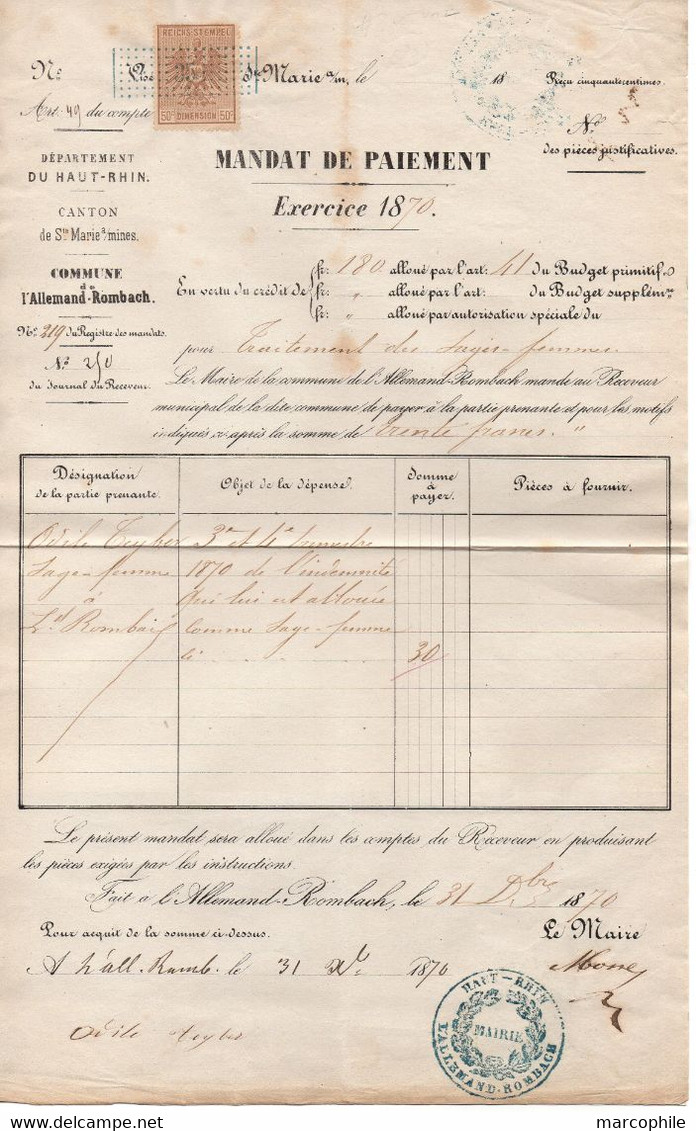 L'ALLEMAND ROMBACH - LE FRANC - ALSACE - CANTON DE SAINTE MARIE AUX MINES / 1870 FISCAL SUR DOCUMENT  (ref 5074c) - Andere & Zonder Classificatie