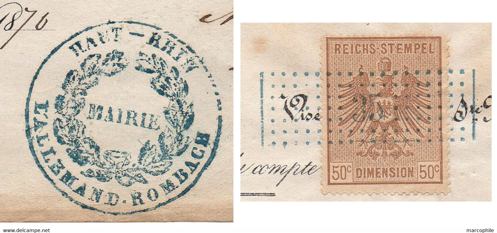 L'ALLEMAND ROMBACH - LE FRANC - ALSACE - CANTON DE SAINTE MARIE AUX MINES / 1870 FISCAL SUR DOCUMENT  (ref 5074c) - Andere & Zonder Classificatie