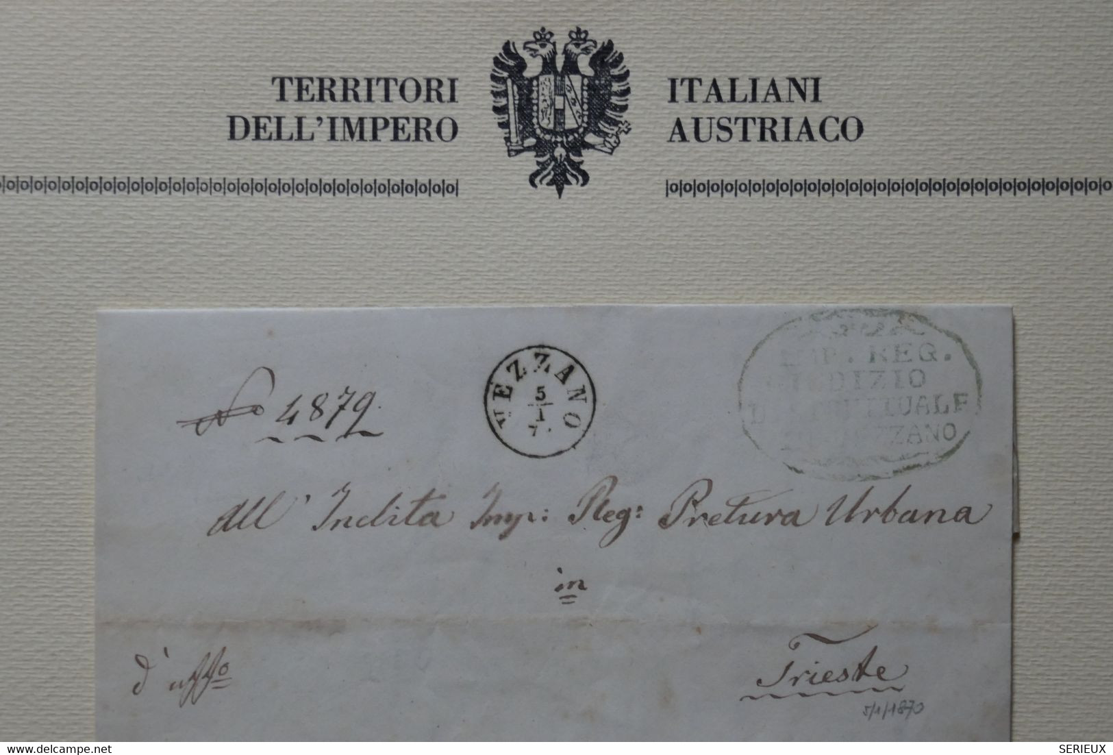 X12 ITALIE BELLE LETTRE RARE COURRIER OFFICIEL  1873 TRENTINO VEZZANO  POUR TRIESTE + C  CIRE ARMORIEE+ AFF. PLAISANT - Covers & Documents