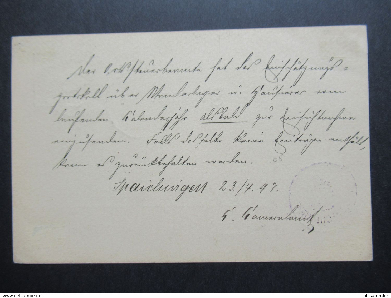 AD Württemberg 23.4.1897 Ganzsache / Dienstpost K.W. Kameralamt Spaichingen Inhalt: Alkohol - Postal  Stationery