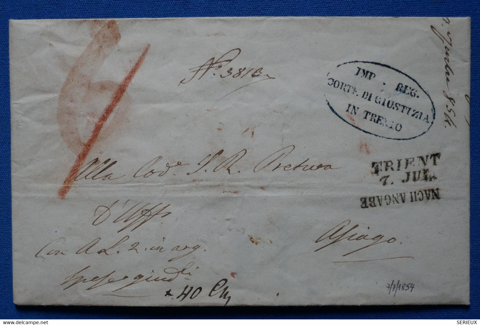 X12 ITALIE   BELLE LETTRE RARE COURRIER OFFICIEL 1854 TRENTINO POUR APIENGO NACH ANGABE + C. CIRE ARMORIE+ AFF. PLAISANT - Sin Clasificación