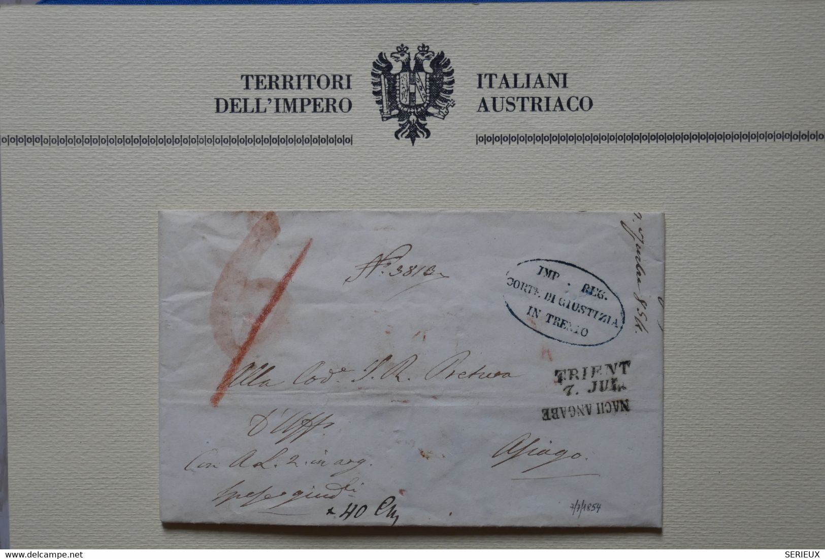 X12 ITALIE   BELLE LETTRE RARE COURRIER OFFICIEL 1854 TRENTINO POUR APIENGO NACH ANGABE + C. CIRE ARMORIE+ AFF. PLAISANT - Sin Clasificación