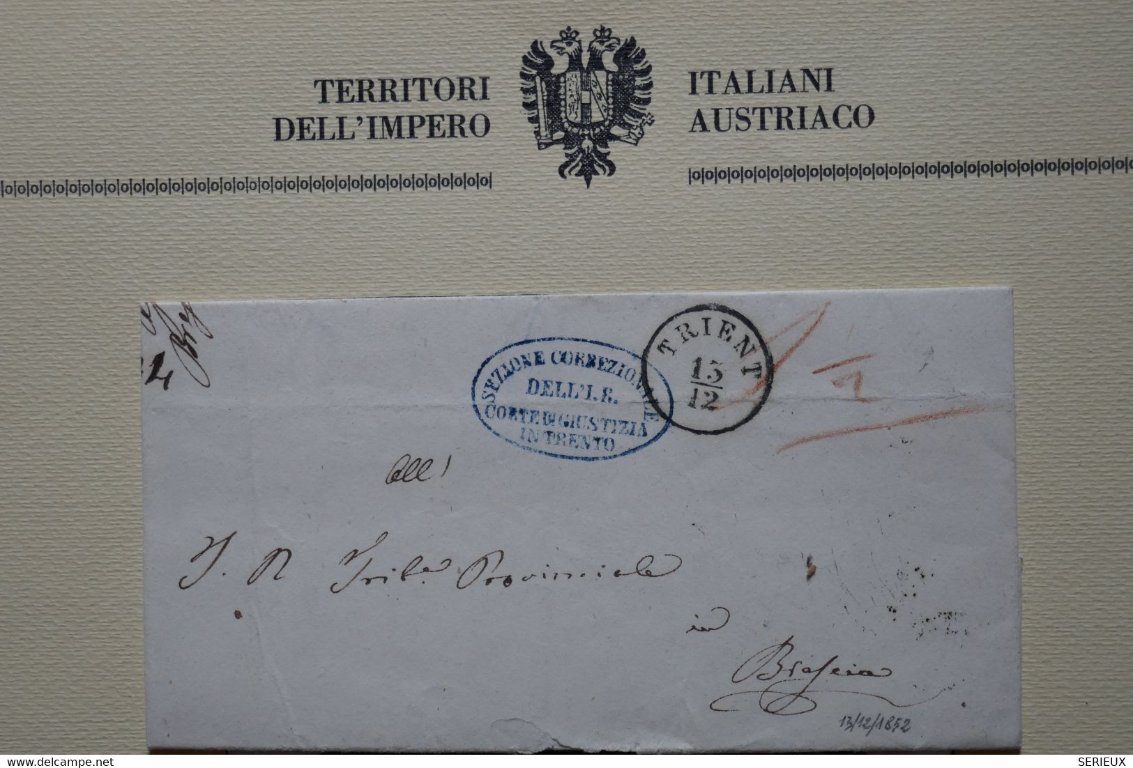 X12 ITALIE BELLE LETTRE RARE COURRIER OFFICIEL   1852 TRENTINO POUR BRESCIA + + AFFRANCH. PLAISANT - Non Classés