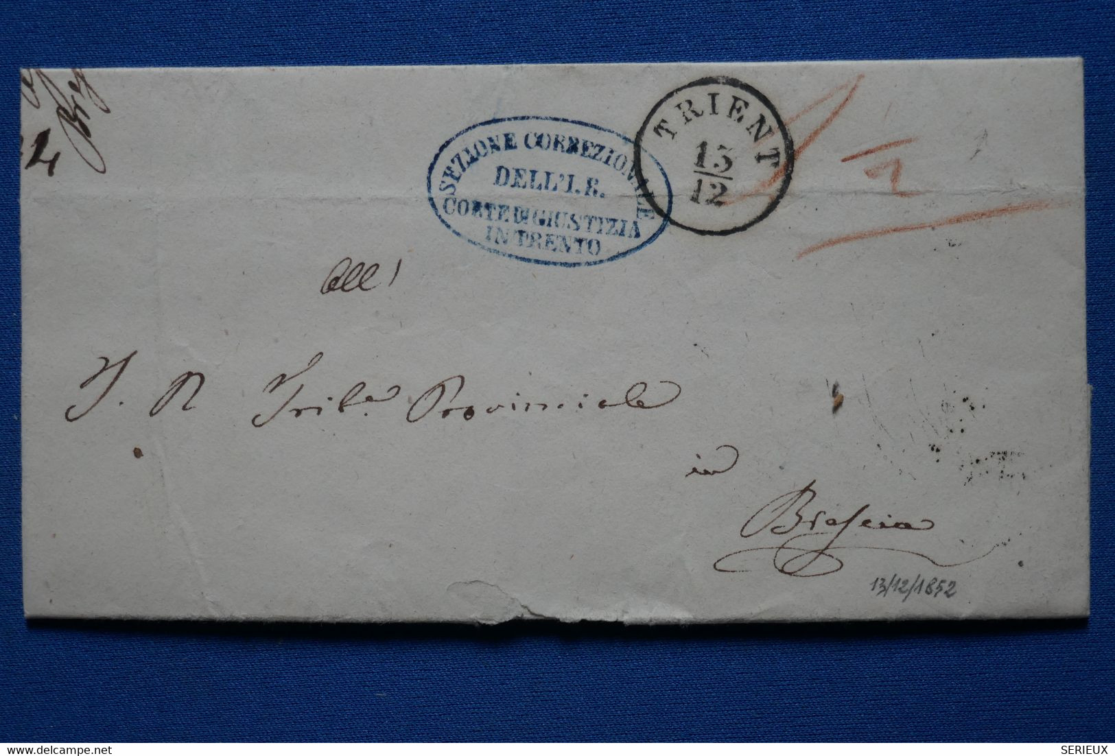 X12 ITALIE BELLE LETTRE RARE COURRIER OFFICIEL   1852 TRENTINO POUR BRESCIA + + AFFRANCH. PLAISANT - Non Classés