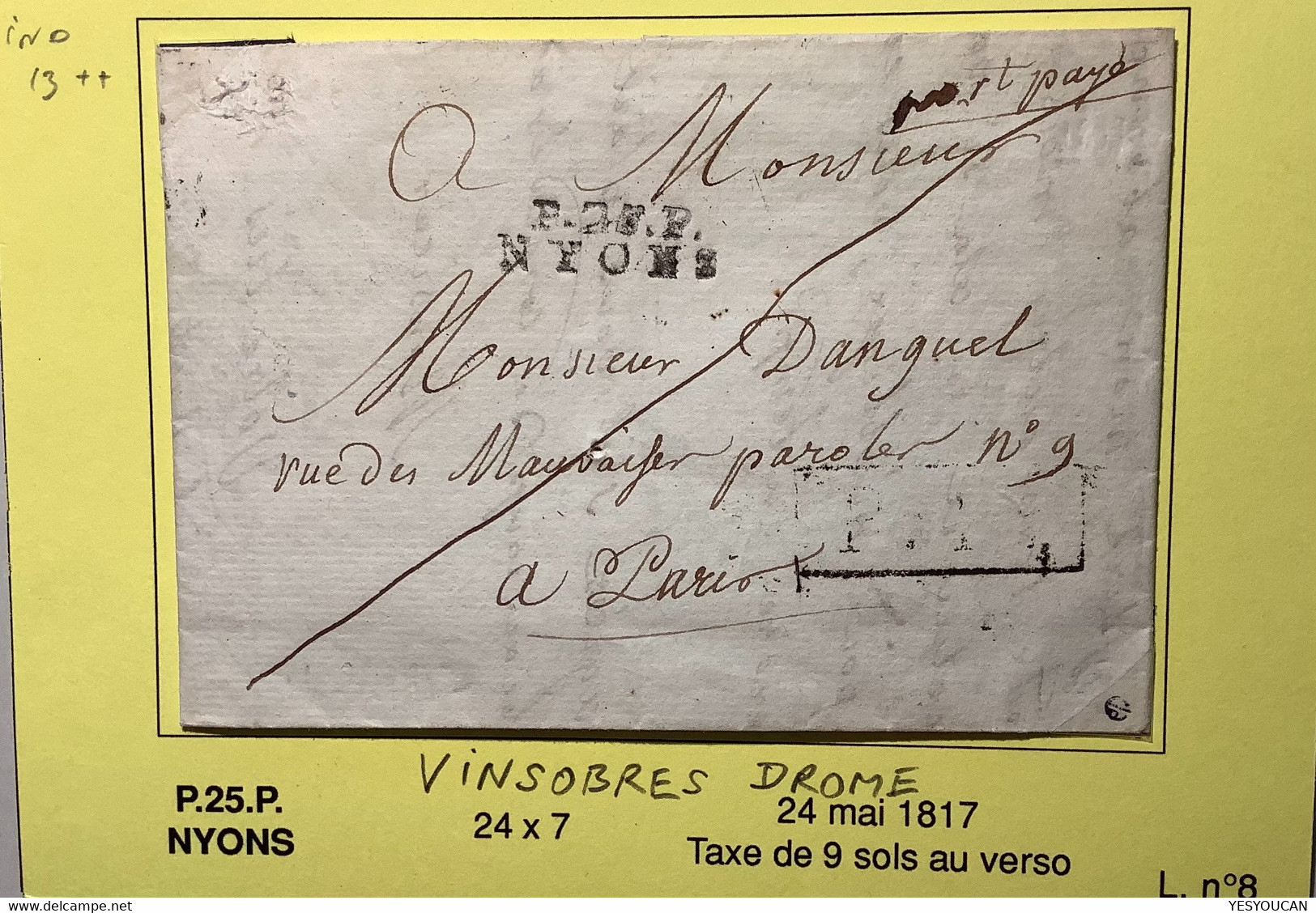 "VINSOBRES 1817" RARE Lettre 1817 Avec P.25.P NYONS > Paris  (France Drome Cover Prephilately - 1801-1848: Vorläufer XIX