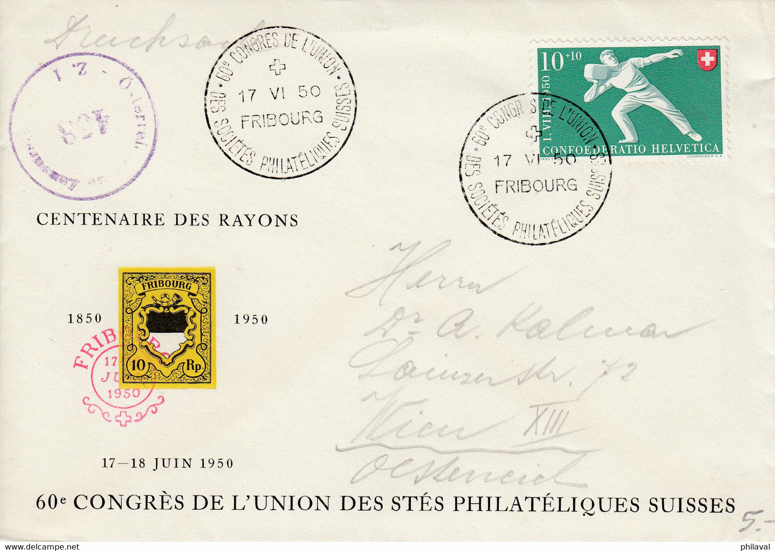 Lettre Du 60ème Congrès De L'Union Des Sctés Philatéliques Suisses - Fribourg 17.VI.50 - Covers & Documents