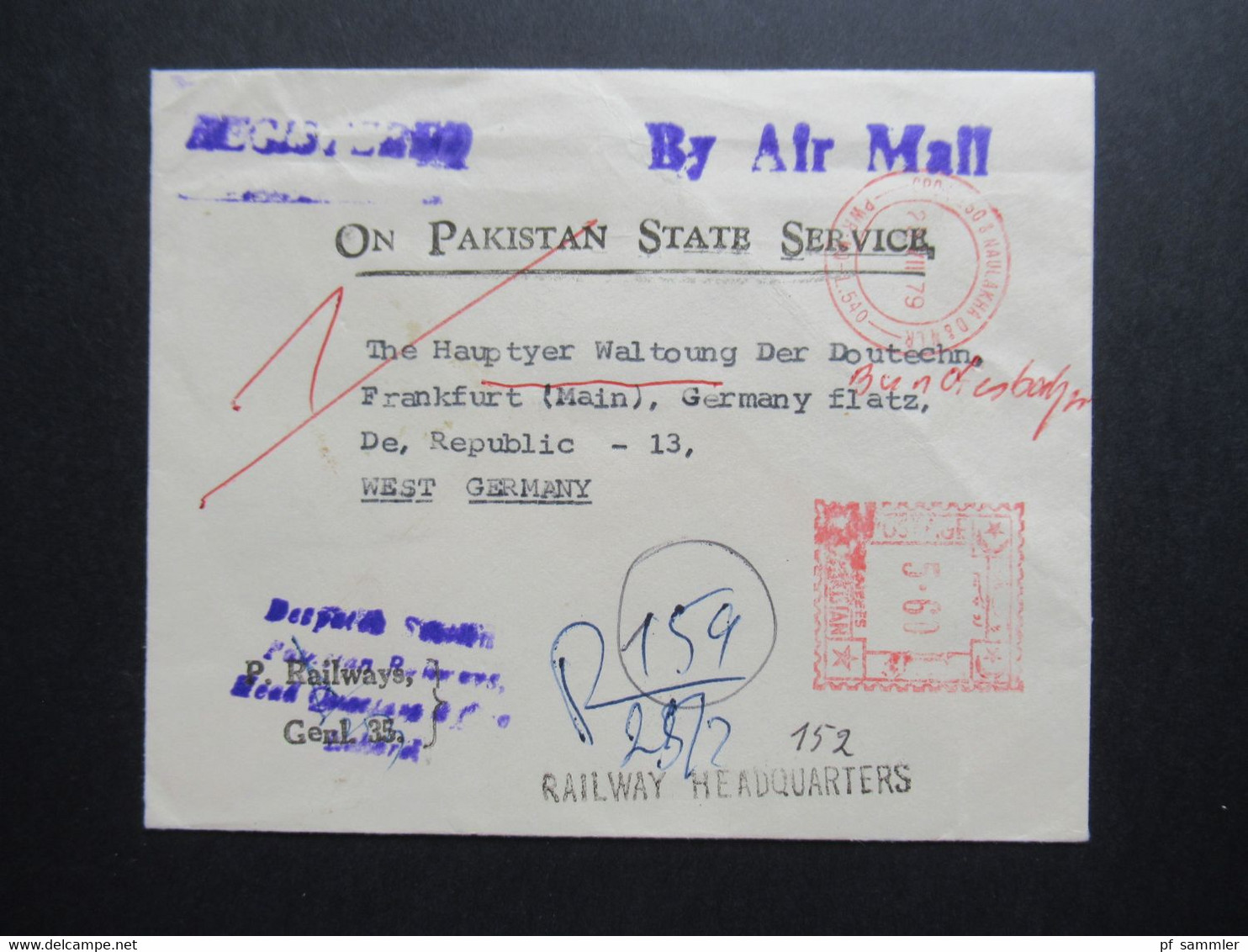 Pakistan 1979 Einschreiben / Registered On Pakistan State Service Stempel L1 Rainway Headquarters Roter Freistempel - Pakistan