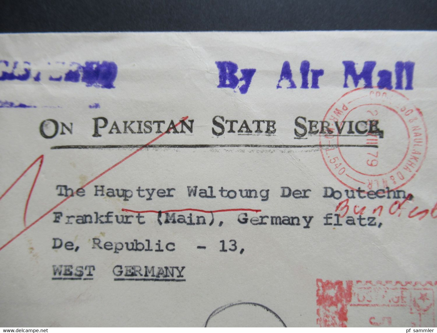 Pakistan 1979 Einschreiben / Registered On Pakistan State Service Stempel L1 Rainway Headquarters Roter Freistempel - Pakistán