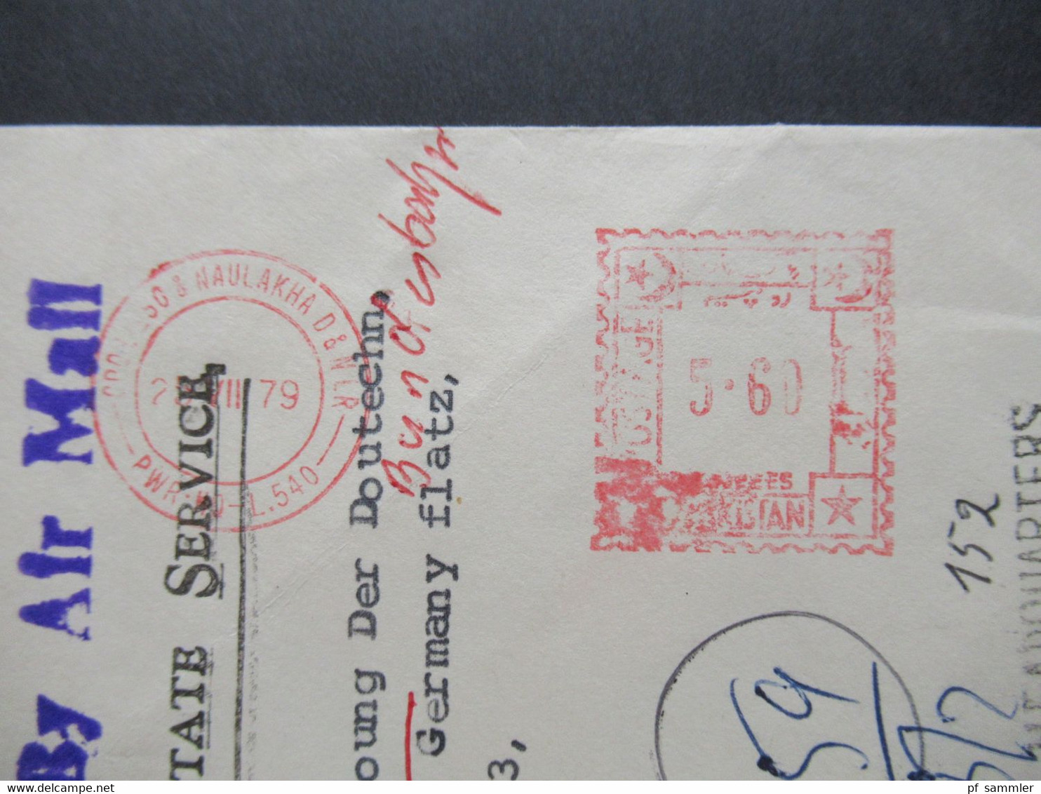 Pakistan 1979 Einschreiben / Registered On Pakistan State Service Stempel L1 Rainway Headquarters Roter Freistempel - Pakistan