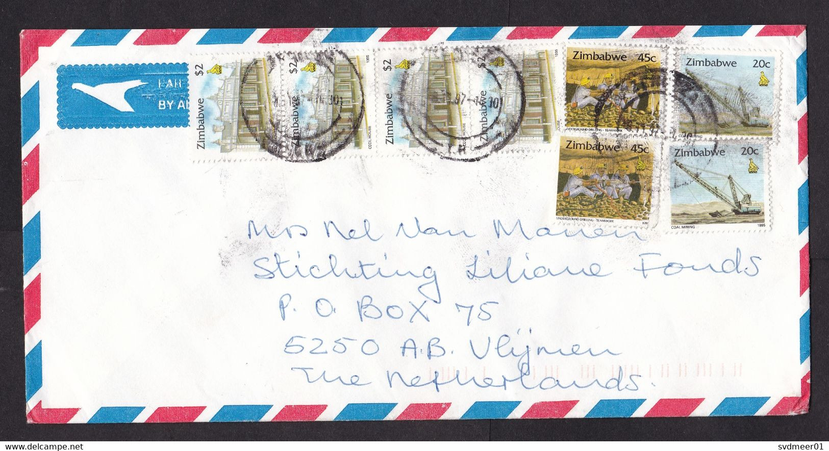 Zimbabwe: Airmail Cover To Netherlands, 1997, 3 Stamps, Mining, Mine Worker, Excavator, Drill, Heritage (cancel Stains) - Zimbabwe (1980-...)