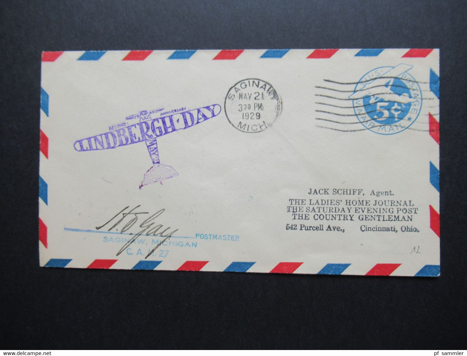 USA Ganzsache Air Mail 21.5.1929 Second Anniversary Lindbergh Day Saginaw Michigan Mit Unterschrift Des Postmaster - Storia Postale