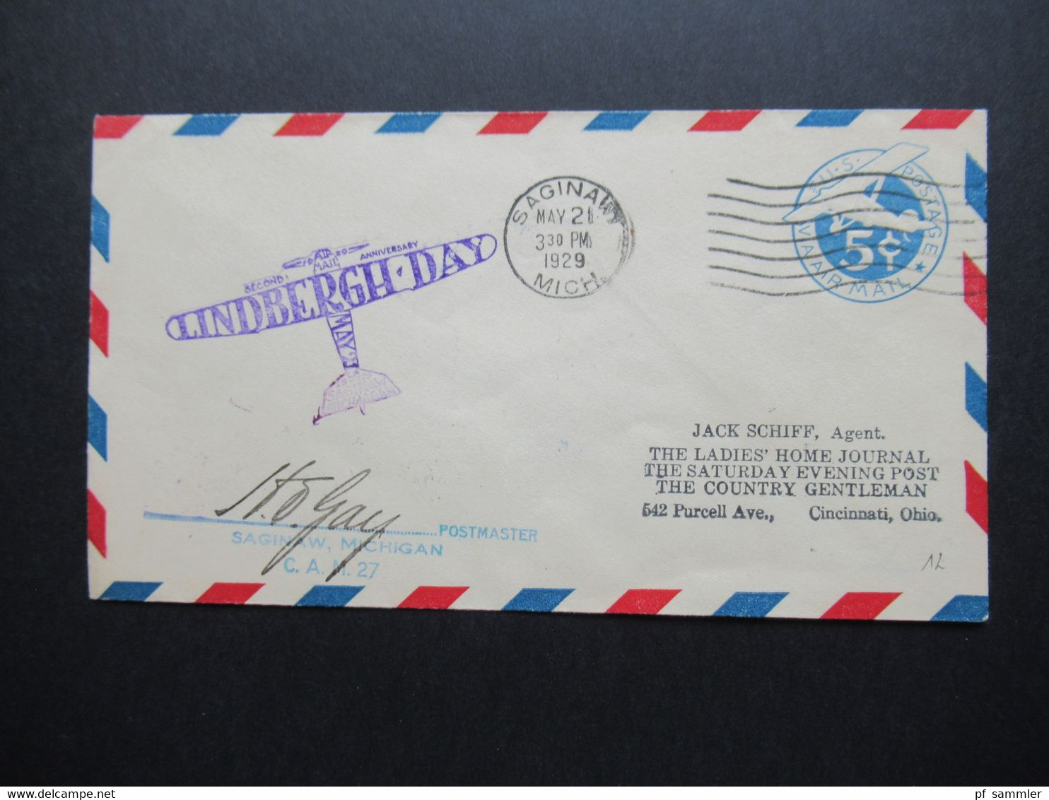 USA Ganzsache Air Mail 21.5.1929 Second Anniversary Lindbergh Day Saginaw Michigan Mit Unterschrift Des Postmaster - Cartas & Documentos