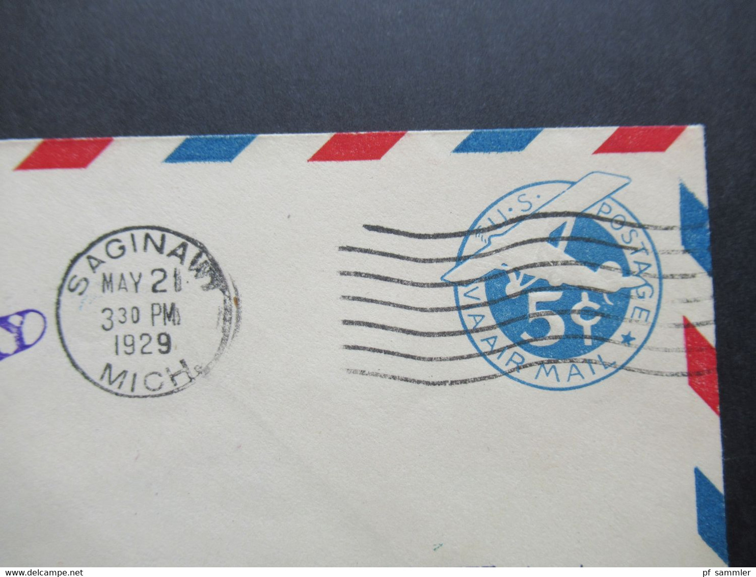 USA Ganzsache Air Mail 21.5.1929 Second Anniversary Lindbergh Day Saginaw Michigan Mit Unterschrift Des Postmaster - Cartas & Documentos