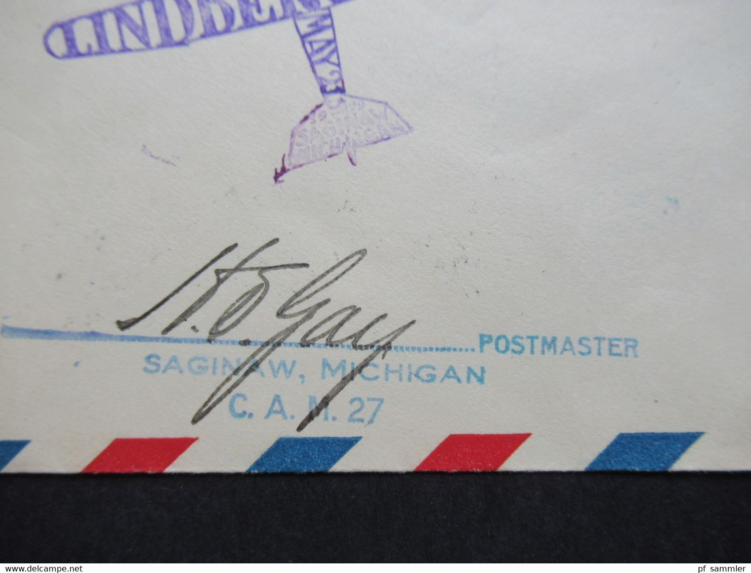 USA Ganzsache Air Mail 21.5.1929 Second Anniversary Lindbergh Day Saginaw Michigan Mit Unterschrift Des Postmaster - Lettres & Documents