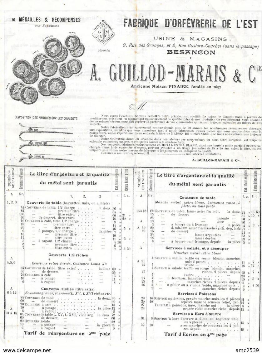 25 BESANCON  Tarifs A. GUILLOD-MARAIS & Cie  Fabrique D'Orfèvrerie De L'Est - 1900 – 1949