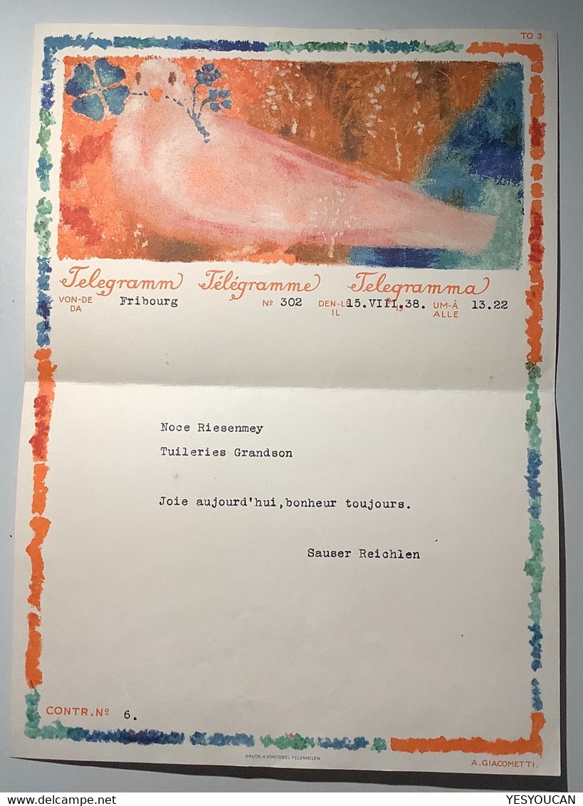 Pro Juventute Giacometti Telegramm GRANDSON 1938 VD(Schweiz Brief Télégramme Art Peace Dove Colombe Paix Frieden Taube - Stamped Stationery