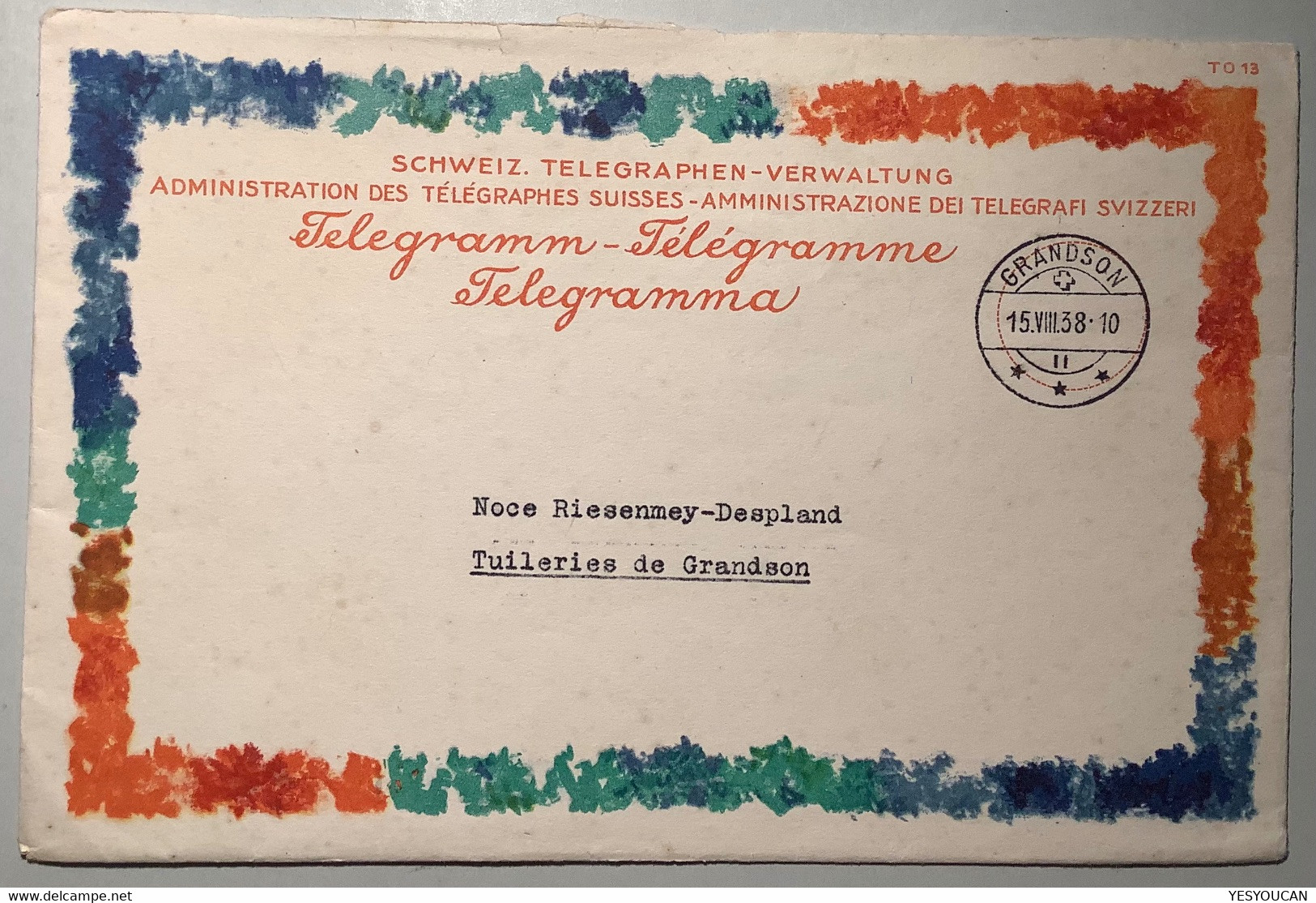 Pro Juventute Giacometti Telegramm GRANDSON 1938 VD(Schweiz Brief Télégramme Art Peace Dove Colombe Paix Frieden Taube - Enteros Postales