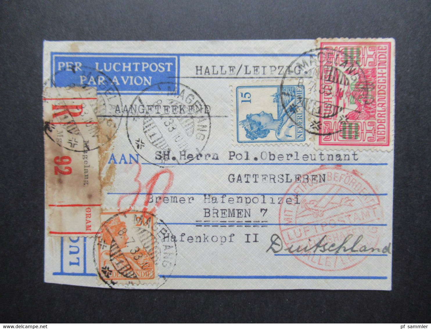 Air Mail Einschreiben Magelang Nach Bremen An Polizei Oberleutnant Gattersleben Bremer Hafenpolizei Hafenkopf II - Netherlands Indies