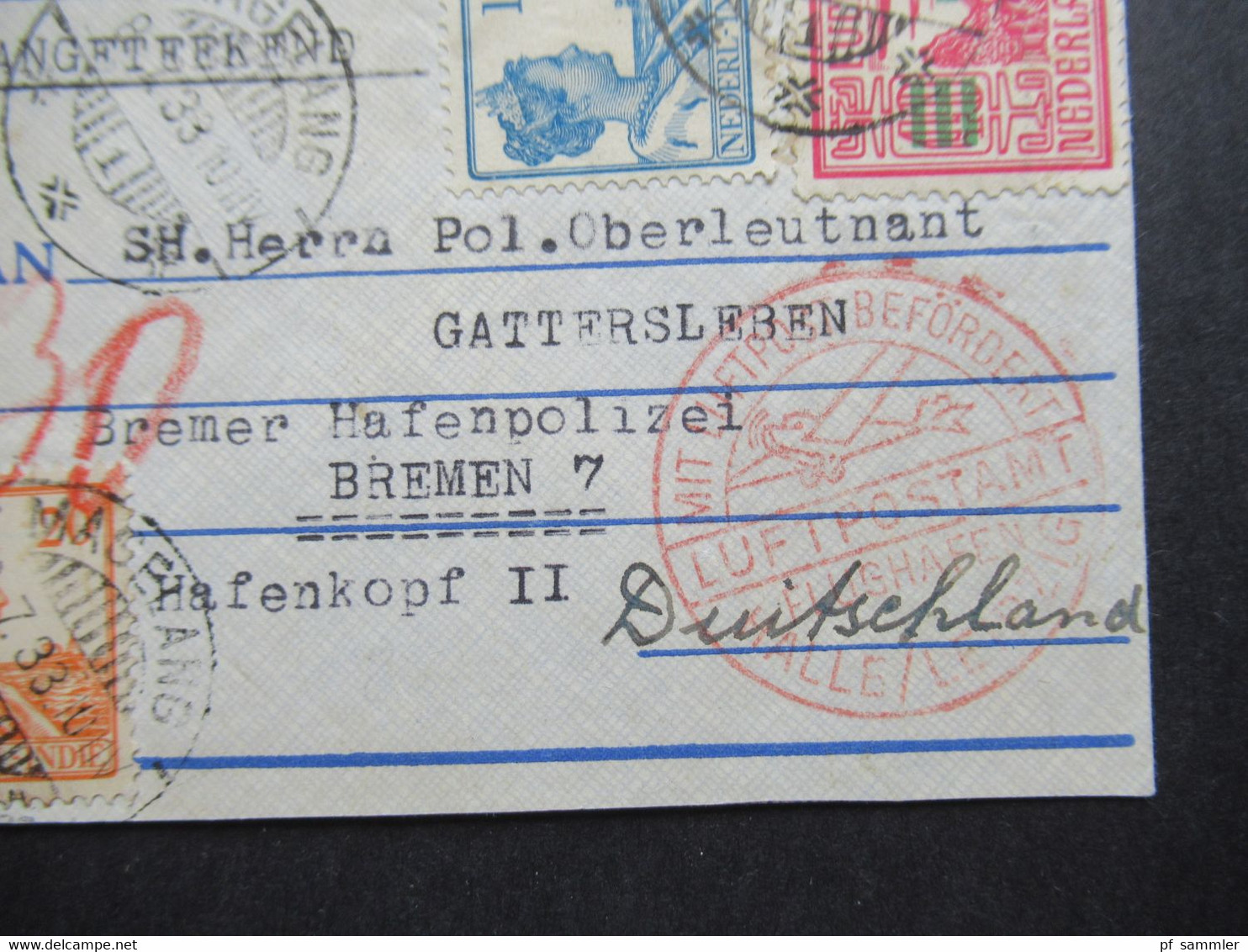 Air Mail Einschreiben Magelang Nach Bremen An Polizei Oberleutnant Gattersleben Bremer Hafenpolizei Hafenkopf II - Indes Néerlandaises