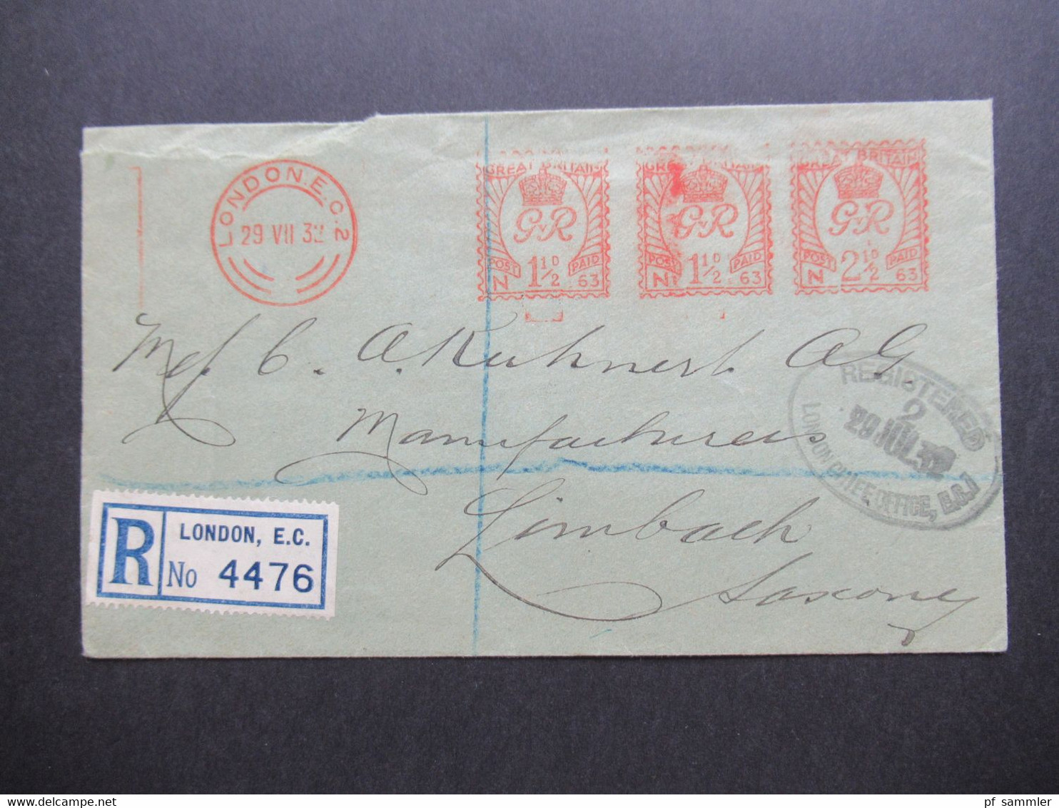 GB 1932 Freistempel London E.C. Einschreiben / Registered 2 London Chief Office Nach Limbach (Sachsen) Mit Ank. Stp. - Cartas & Documentos