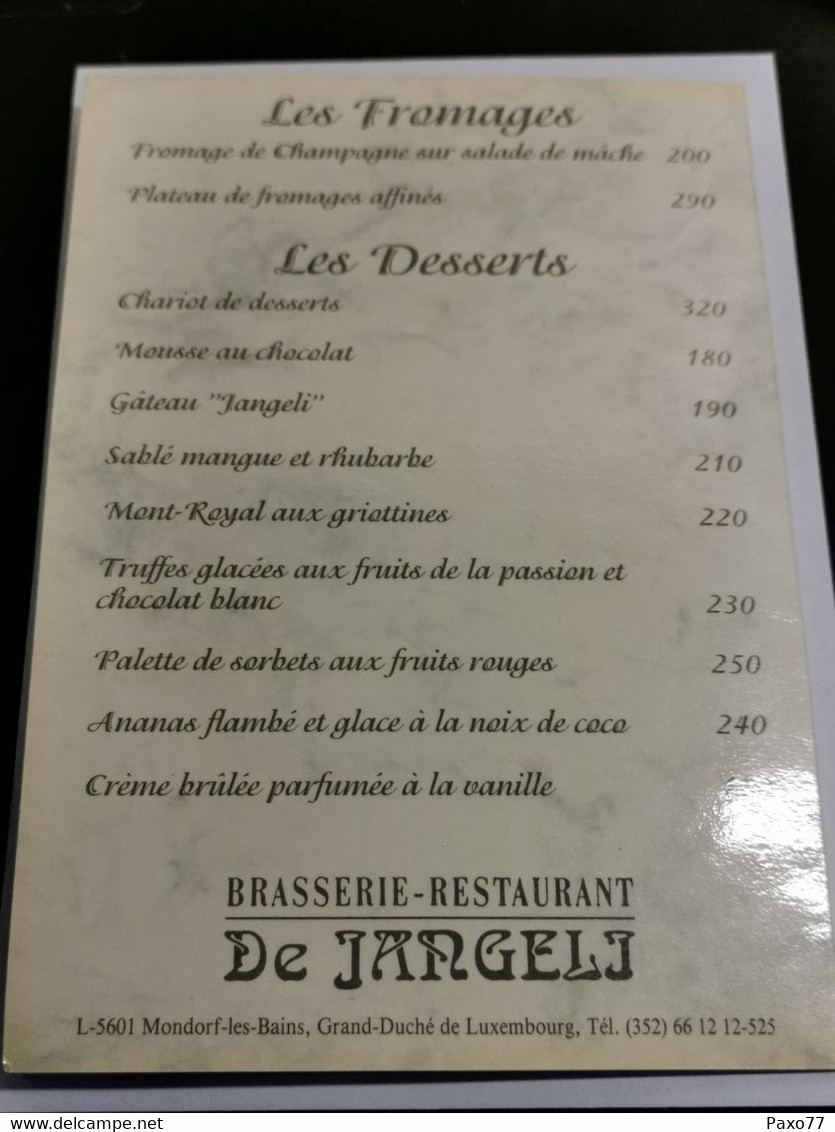 Carte Menu, Brasserie-Restaurant, De Jangli Mondorf-les-bains - Autres & Non Classés