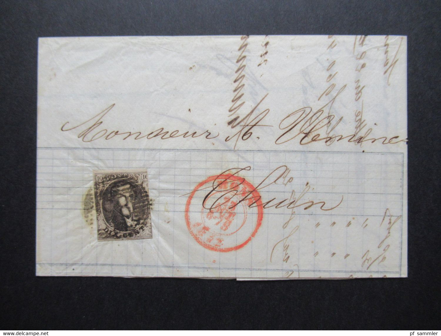 Belgien 1852 Mous Gedruckter Brief Guillochin Fils Mit 2 Roten Stempeln Faltbrief Mit Inhalt - 1849-1850 Médaillons (3/5)