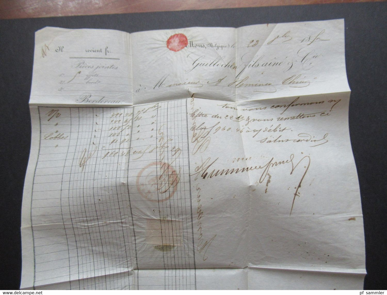 Belgien 1852 Mous gedruckter Brief Guillochin fils mit 2 roten Stempeln Faltbrief mit Inhalt