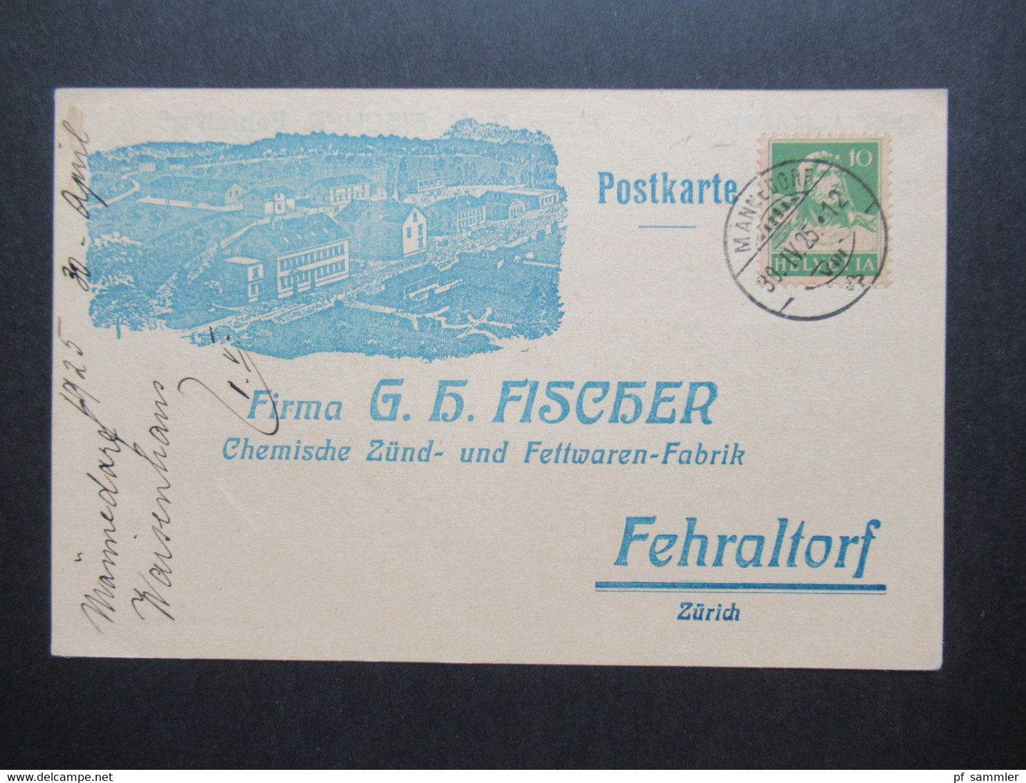 Schweiz 1925 Dekorative Firmenkarte Firma G.H. Fischer Fehraltorf Zündhölzer Aller Art / Kunstfeuerwerk / Asbest Feuer - Lettres & Documents