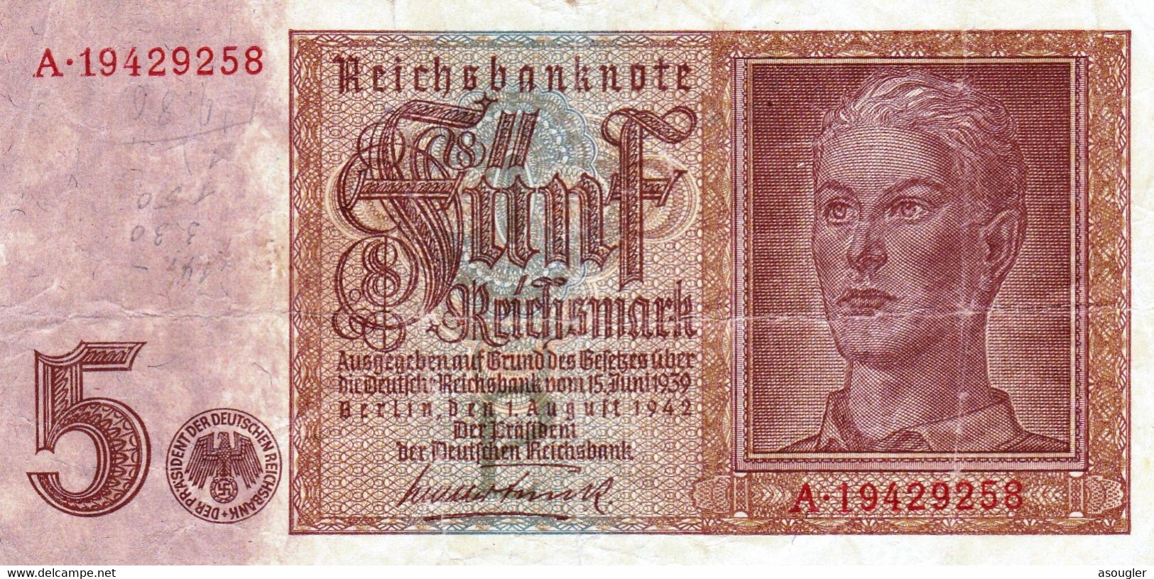 GERMANY 5 Reichs Mark (1939) 1942 F PREFIX "A" P-186a "free Shipping Via Registered Air Mail) - 5 Reichsmark