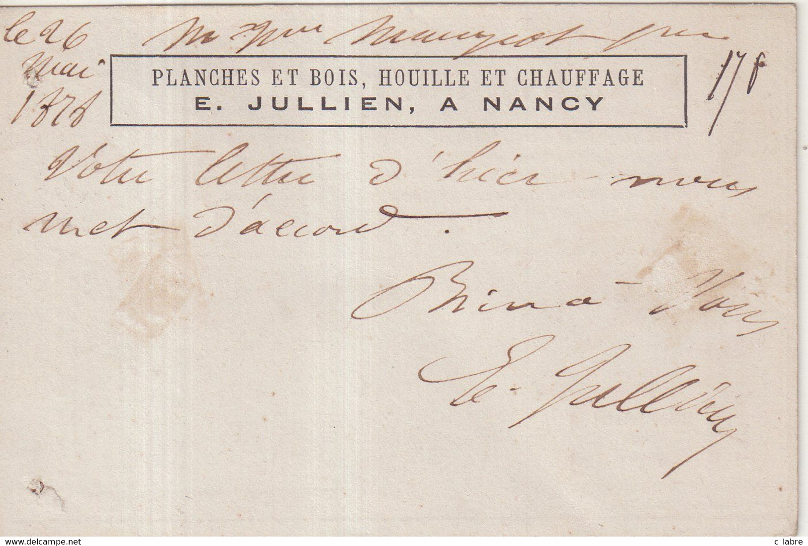 FRANCE : CP PRECURSEUR . REPIQUAGE . " JULLIEN A NANCY " . 1878 . - 1801-1848: Precursori XIX