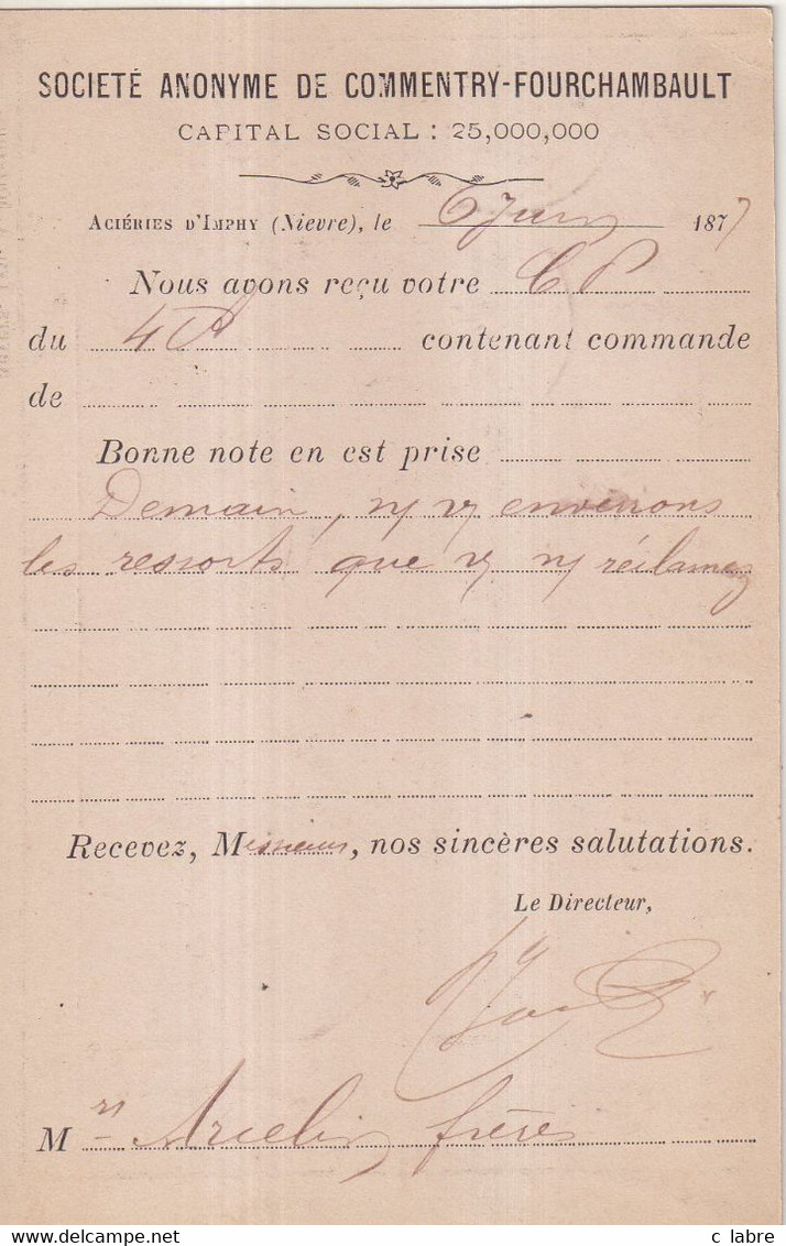 FRANCE : CP PRECURSEUR . REPIQUAGE . " COMMENTRY - FOURCHAMBAULT " . 1877 . - 1801-1848: Precursores XIX