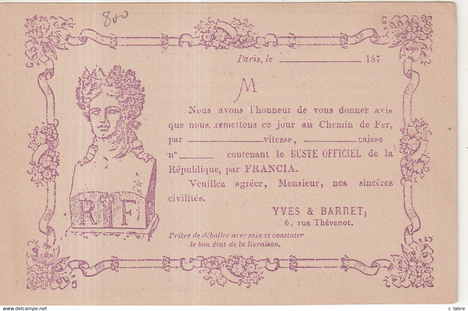 FRANCE : CP PRECURSEUR . REPIQUAGE . " FRANCIA YVES ET BARRET . EN VIOLET " . 1877 . - 1801-1848: Precursori XIX