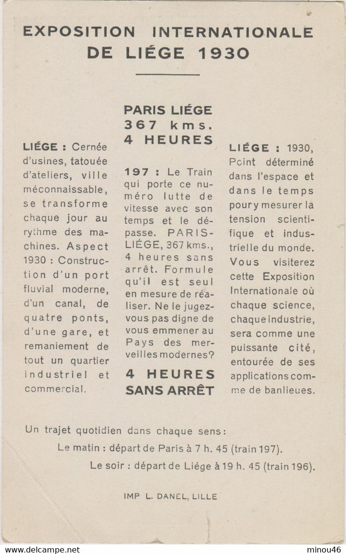 LIEGE  :  T.T.RARE CPA DE PUB EXPO.INTER. DE LIEGE 1930. LE NOUVEAU TRAIN DIRECT.PLI BAS ET PETIT CRAN.PRIX SACRIFIE - Liege