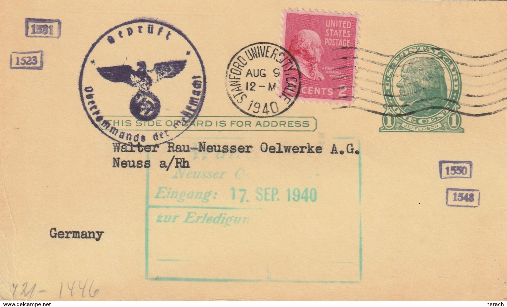 Etats Unis Entier Postal Censuré Pour L'Allemagne 1940 - 1921-40