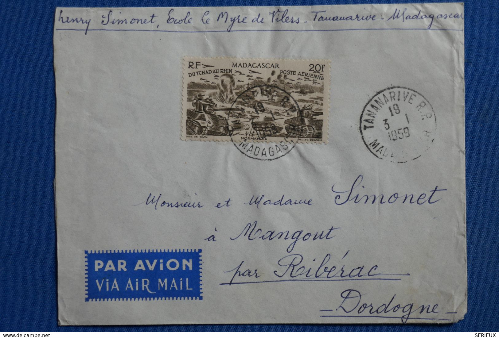 X15 MADAGASCAR  BELLE LETTRE  1959  TANANARIVE  POUR RIBERAC FRANCE +N°69 20F + AFFRANCHISSEMENT INTERESSANT - Luftpost